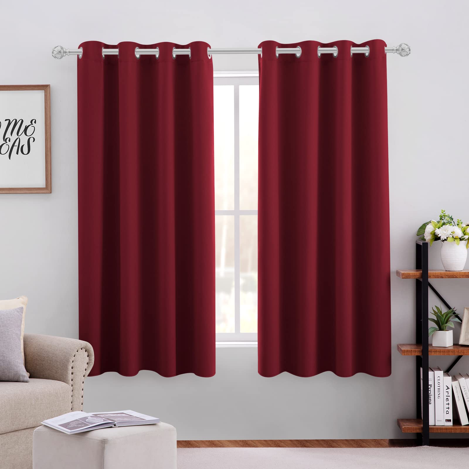 Homeideas Burgundy Blackout Curtains For Bedroom 52 X 63 2 Panels Red Room Darkening Curtains, Soundproof Thermal Grommet Window
